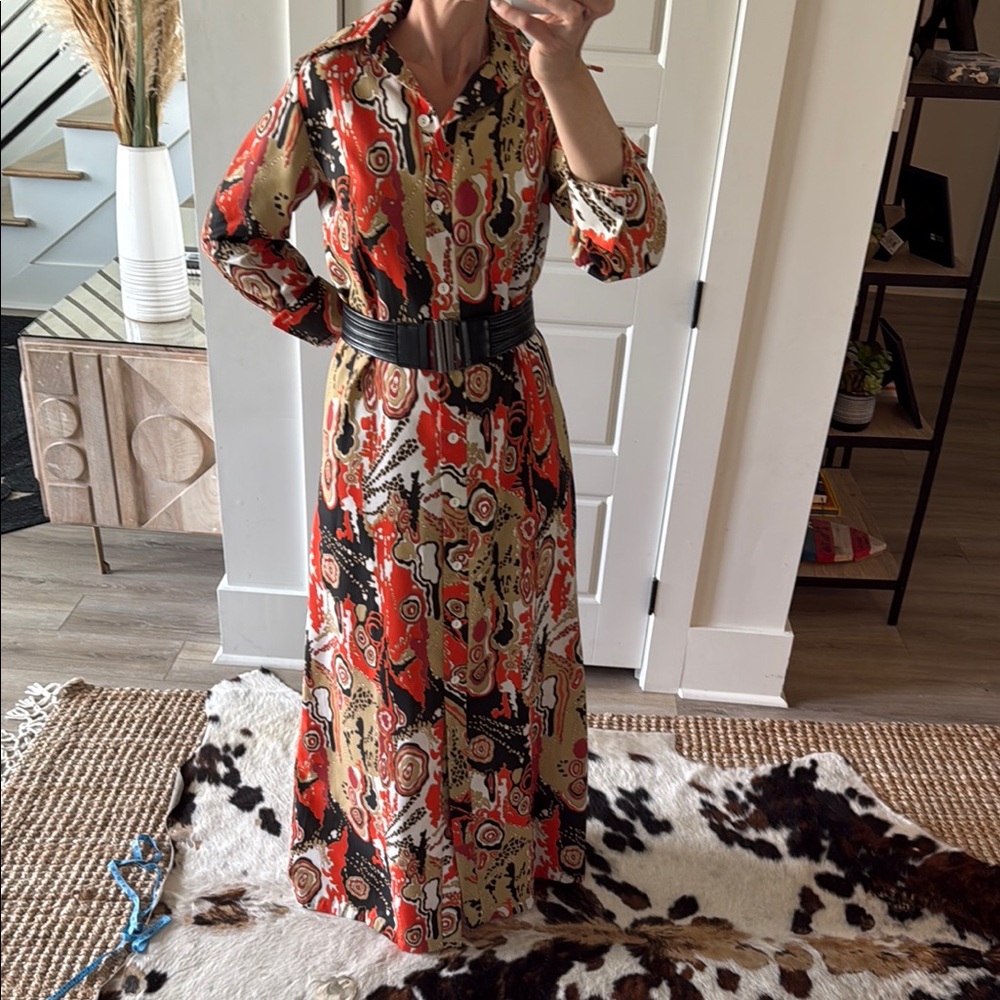 Vintage Multicolor Patterned Button Down Maxi Dress